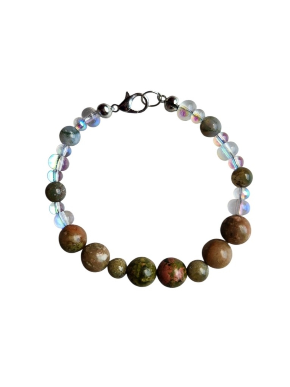 Iridescent Glass, Unakite & Jasper Beaded Bracelet